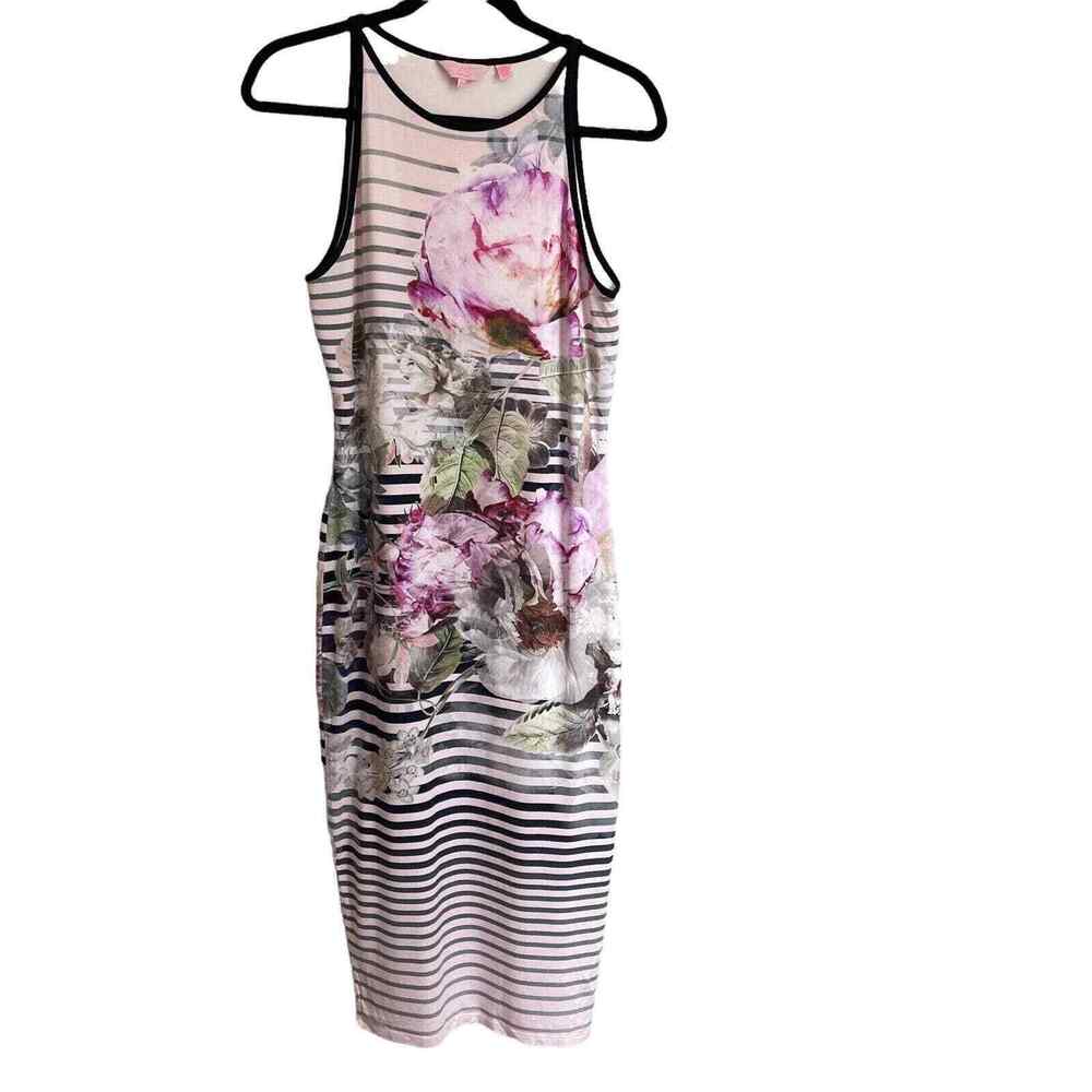 Ted Baker Black, White & Pink Floral Stripe Midi Dress
